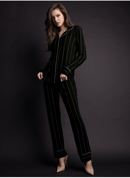 Pigiama aperto donna MINUIT Lormar in viscosa pesante gessata con collo a rever, piping a contrasto e pantalone lungo coordinato