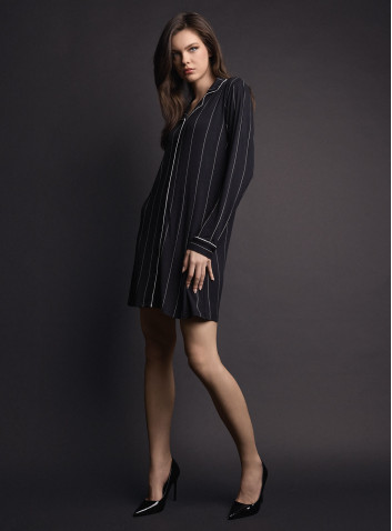 Lormar MINUIT women’s button-up nightdress heavyweight viscose pinstripe print, long sleeves, revere collar and contrast piping