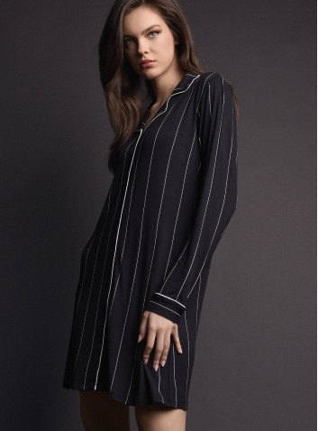 Camicia da notte aperta donna MINUIT Lormar in viscosa pesante gessata con collo a rever, maniche lunghe e piping a contrasto 2