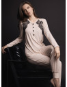 Lormar PLAISIR women’s heavyweight viscose grandad pyjamas with contrast lace, bijoux buttons and plain long pants