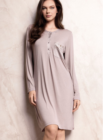 Camicia da notte donna SATÈN Lormar in viscosa pesante con apertura serafino, taschino in pizzo frastaglio e dettagli in raso