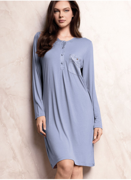 Camicia da notte donna SATÈN Lormar in viscosa pesante con apertura serafino, taschino in pizzo frastaglio e dettagli in raso