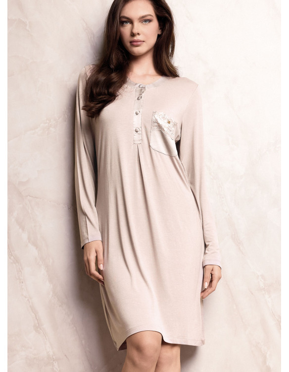 Lormar SATÈN women’s heavyweight viscose nightdress with buttoned grandad neckline, cut-out lace pocket and satin details