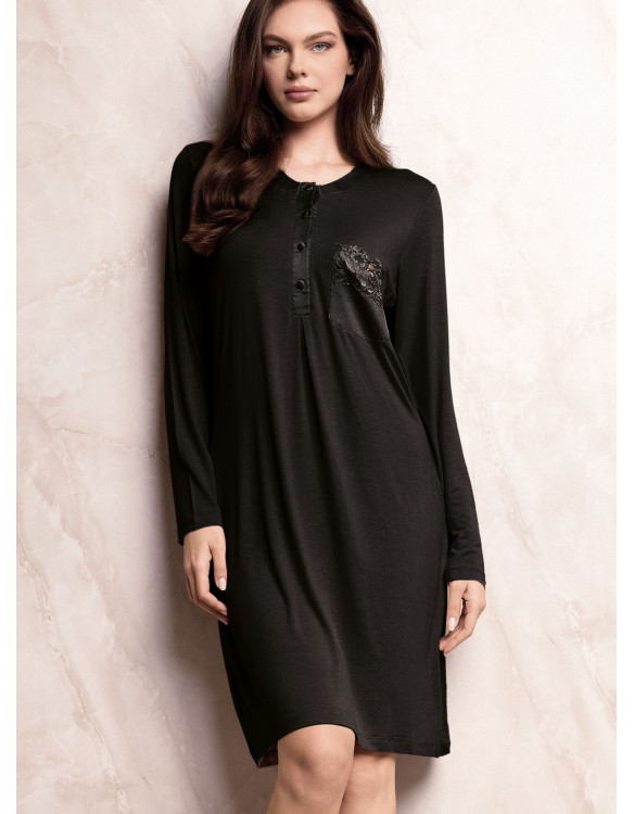 Camicia da notte donna SATÈN Lormar in viscosa pesante con apertura serafino, taschino in pizzo frastaglio e dettagli in raso