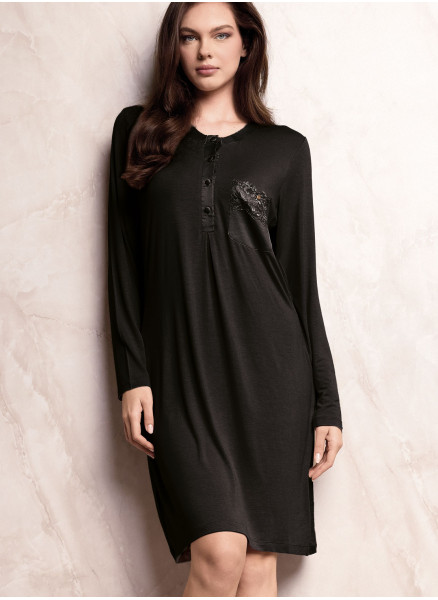 Camicia da notte donna SATÈN Lormar in viscosa pesante con apertura serafino, taschino in pizzo frastaglio e dettagli in raso