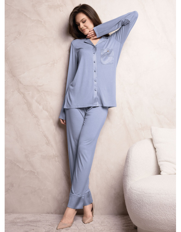Lormar SATÈN women’s heavyweight viscose button-up pyjamas with satin details, cut-out lace pocket and matching long trousers