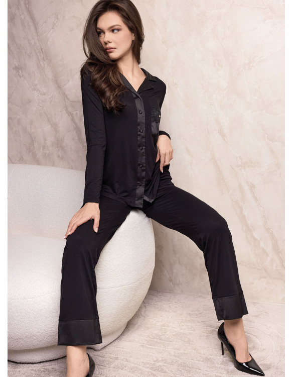 Lormar SATÈN women’s heavyweight viscose button-up pyjamas with satin details, cut-out lace pocket and matching long trousers