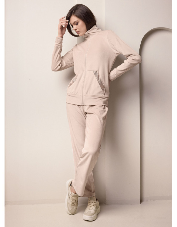 Lormar SHINY women’s soft velour full zip suit with long sleeve homewear jacket and matching long pants