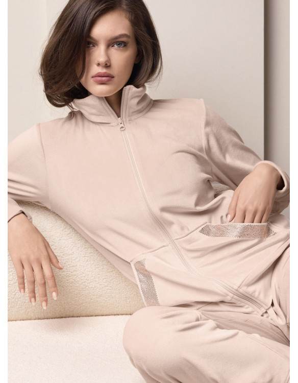 Lormar SHINY women’s soft velour full zip suit with long sleeve homewear jacket and matching long pants