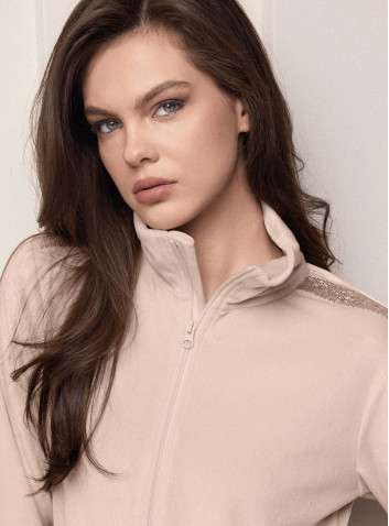 Lormar SHINY women’s soft velour full zip homewear night gown with high collar, side pockets and ton sur ton strass details 2