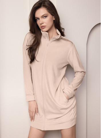 Vestaglia full zip donna SHINY Lormar in soft velour con collo alto, tasche laterali e strass ton sur ton
