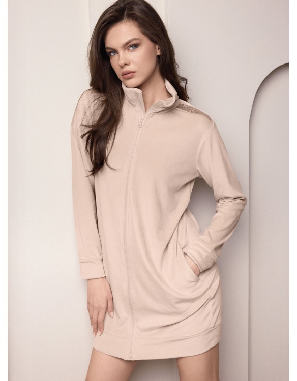Vestaglia full zip donna SHINY Lormar in soft velour con collo alto, tasche laterali e strass ton sur ton