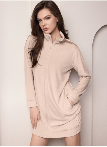 Lormar SHINY women’s soft velour full zip homewear night gown with high collar, side pockets and ton sur ton strass details