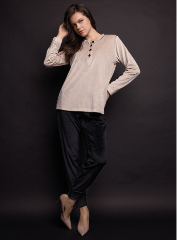 Pigiama serafino donna GOOD Lormar soft velour, maglia a maniche lunghe con piping e bottoni a contrasto e pantalone lungo polsi