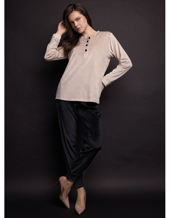 Pigiama serafino donna GOOD Lormar soft velour, maglia a maniche lunghe con piping e bottoni a contrasto e pantalone lungo polsi