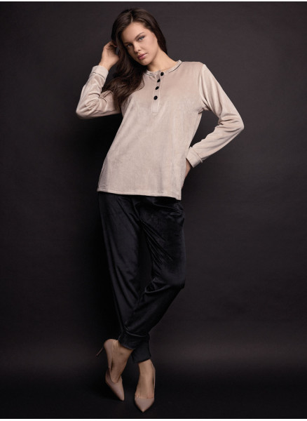 Pigiama serafino donna GOOD Lormar soft velour, maglia a maniche lunghe con piping e bottoni a contrasto e pantalone lungo polsi