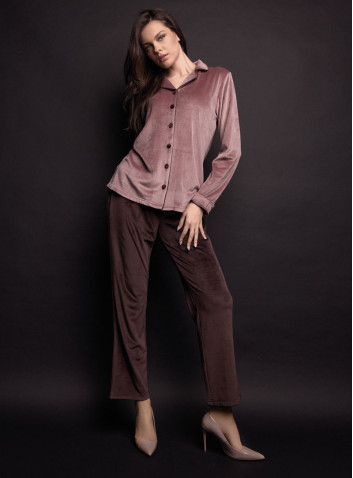 Pigiama aperto donna GOOD Lormar in soft velour con collo a rever, piping e bottoni a contrasto e pantalone lungo 2