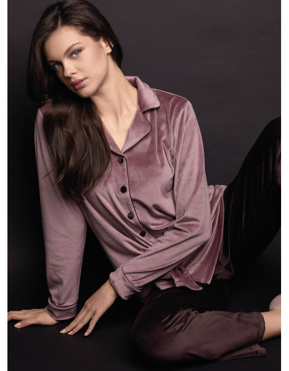 Lormar GOOD women’s soft velour button-up pyjamas with contrasting piping and buttons and matching long pants