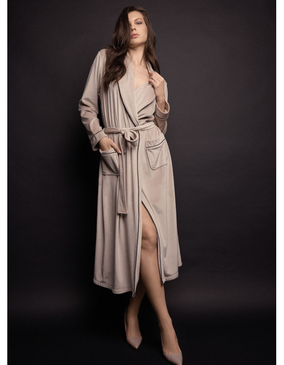 Vestaglia lunga donna GOOD Lormar in soft velour con collo sciallato, cintura, tasche e piping a contrasto
