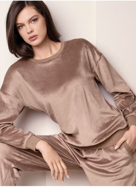 Tuta girocollo donna TARGET Lormar in soft velour con dettagli lurex ton sur ton e pantalone lungo con tasche e polsi