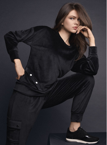 Lormar LEISURE women’s long sleeve round neck jacket and long pants in soft velour with cargo pockets and metal buttons