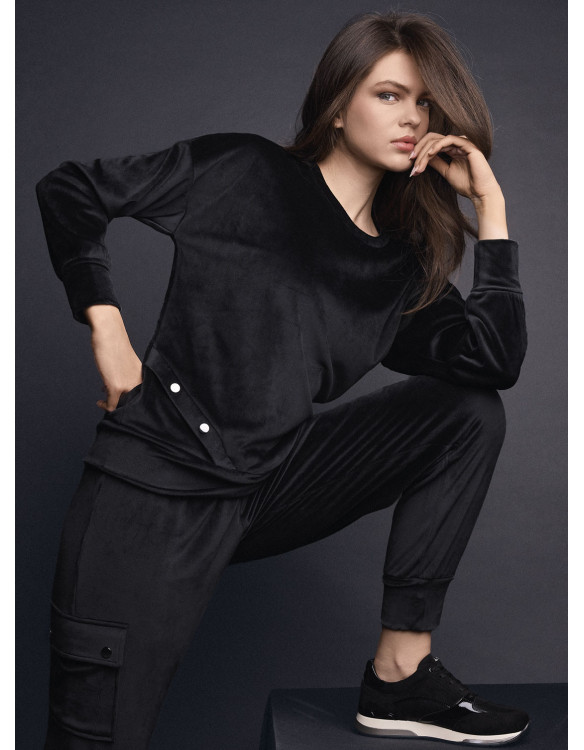 Lormar LEISURE women’s long sleeve round neck jacket and long pants in soft velour with cargo pockets and metal buttons