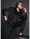 Lormar LEISURE women’s long sleeve round neck jacket and long pants in soft velour with cargo pockets and metal buttons