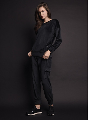 Lormar LEISURE women’s long sleeve round neck jacket and long pants in soft velour with cargo pockets and metal buttons 2