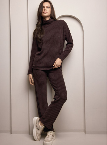 Set collo alto donna CARDIGAN Lormar in maglia a costina con pantalone lungo