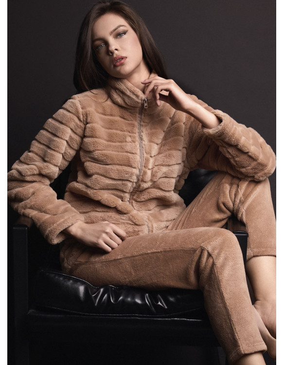 Tuta full zip donna VISONE Lormar in coral supersoft pelliccia doppia frontura con giacca a collo alto e pantalone lungo