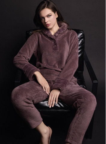 Lormar VISONE women’s long sleeve grandad pyjamas in double-fronted fur supersoft coral fleec, fur-effect cuffs
