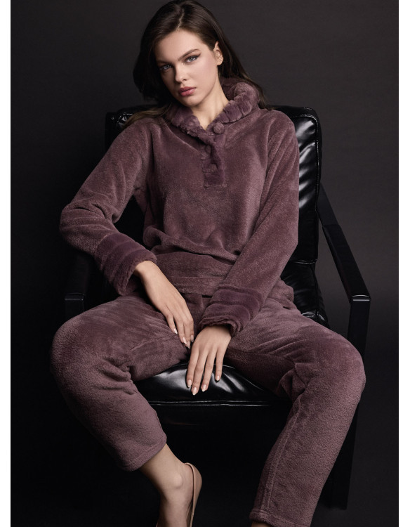 Lormar VISONE women’s long sleeve grandad pyjamas in double-fronted fur supersoft coral fleec, fur-effect cuffs
