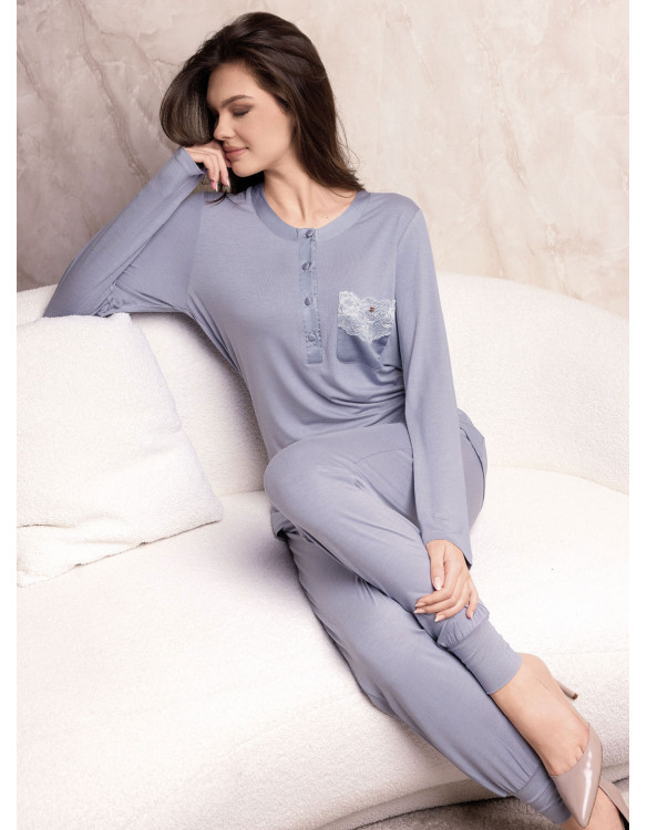 Lormar SATÈN women’s heavyweight viscose grandad pyjamas with long sleeves, cuffed long pants and lace-trimmed pocket