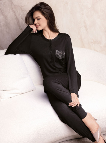 Lormar SATÈN women’s heavyweight viscose grandad pyjamas with long sleeves, cuffed long pants and lace-trimmed pocket 2