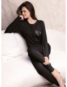 Lormar SATÈN women’s heavyweight viscose grandad pyjamas with long sleeves, cuffed long pants and lace-trimmed pocket