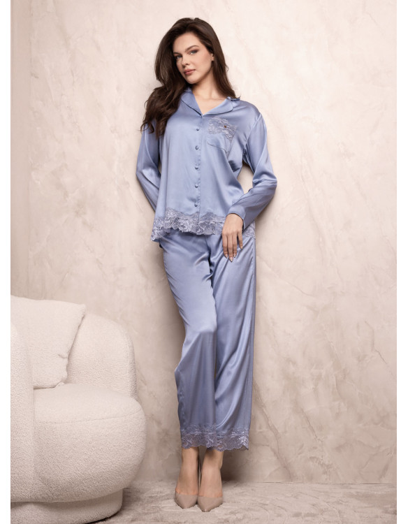 Lormar SATÈN women’s silky satin button-up pyjamas with a long-sleeved lace-trimmed top and matching long pants