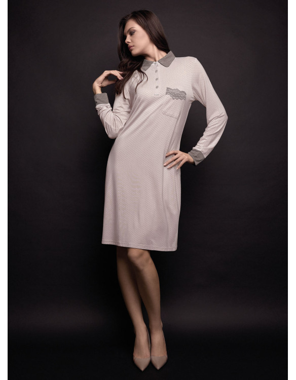 Women’s heavyweight viscose nightdress JOLIE Lormar with an all-over pointillé dot print, long sleeves, shirt collar