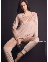 Women’s soft velour lounge set COUTURE Lormar  round-neck top, refined silky embroidery and long trousers with ankle cuffs