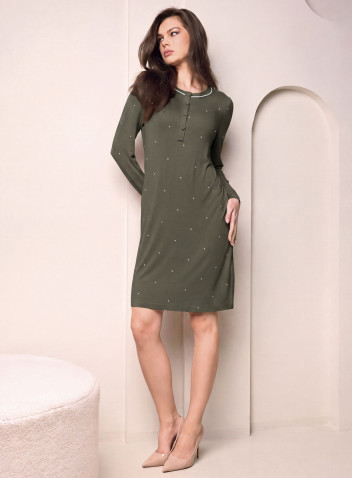 Camicia da notte donna LIBRE Lormar in viscosa pesante con stampa a pois, maniche lunghe, bottoni e piping a contrasto