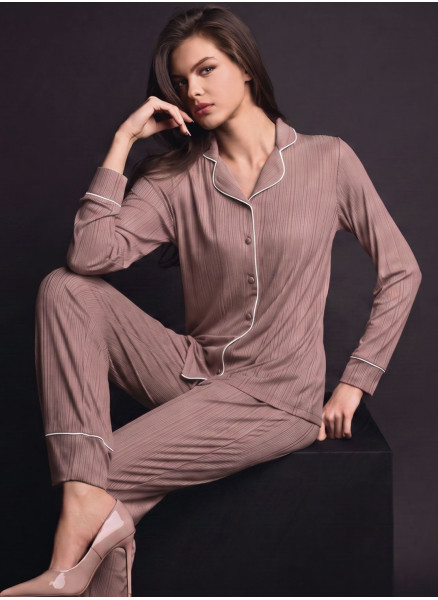 Pigiama aperto donna WELLNESS Lormar in viscosa pesante a costina, maglia a maniche lunghe e pantalone lungo coordinato