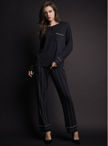 Lormar MINUIT women’s grandad pyjamas with a plain long-sleeved top, patch pocket and long pinstripe trousers 2