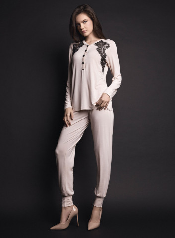 Lormar PLAISIR women’s heavyweight viscose grandad pyjamas with contrast lace, bijoux buttons and plain long pants 2