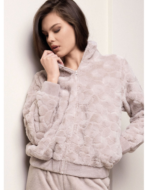 Lormar COCOON women’s full zip bomber jacket in double-fronted fur supersoft coral fleece with a high collar