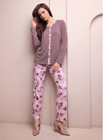 Lormar DESIRE women’s button-up pyjamas with a plain long-sleeved top, floral trims and matching printed trousers 2