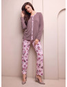Lormar DESIRE women’s button-up pyjamas with a plain long-sleeved top, floral trims and matching printed trousers