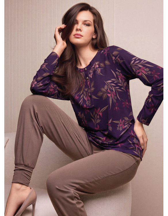 Lormar DESIRE women’s grandad pyjamas with a floral long-sleeved top and plain long trousers with ankle cuffs