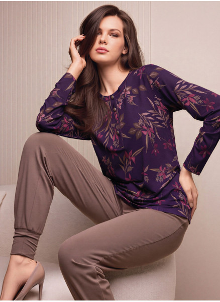 Pigiama serafino donna DESIRE Lormar con maglia floreale a maniche lunghe e pantalone lungo unito con polsi