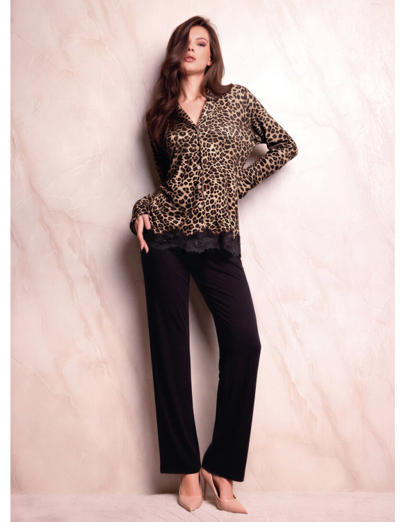 Pigiama aperto donna SEDUCTION Lormar con maglia animalier a maniche lunghe, fondo in pizzo e pantalone lungo unito