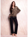 Pigiama aperto donna SEDUCTION Lormar con maglia animalier a maniche lunghe, fondo in pizzo e pantalone lungo unito