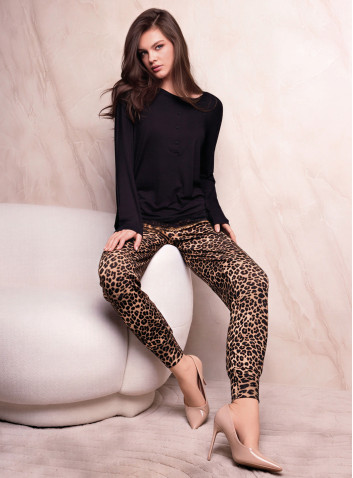 Lormar SEDUCTION women’s grandad pyjamas with a plain long-sleeved lace-trim top and animal-print cuffed trousers 2
